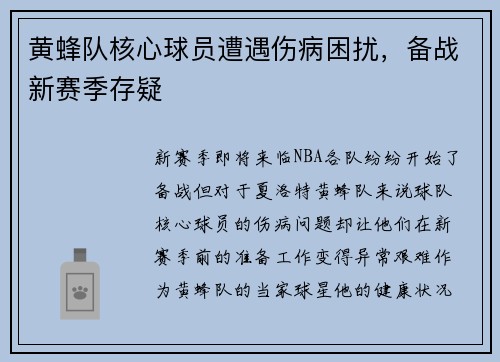黄蜂队核心球员遭遇伤病困扰，备战新赛季存疑
